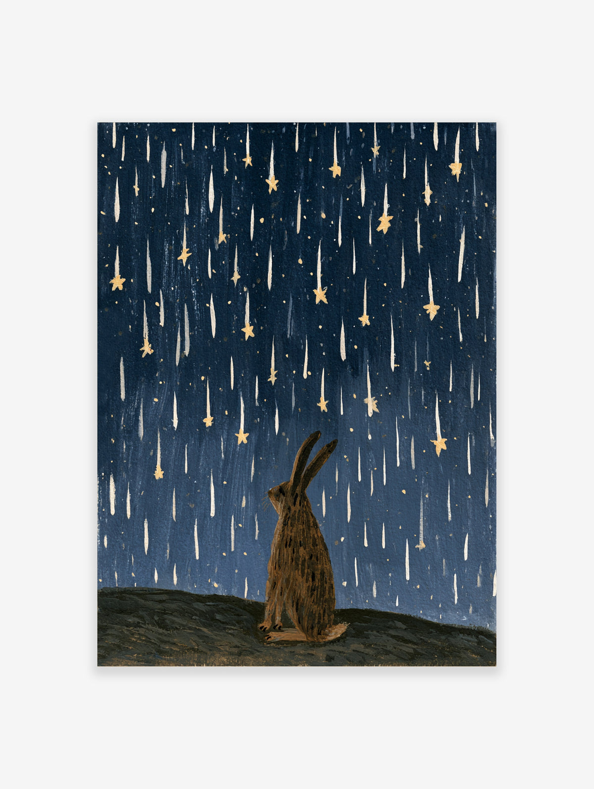 Illustrative rabbit silhouette gazing up at falling golden stars against a textured deep blue night sky art print