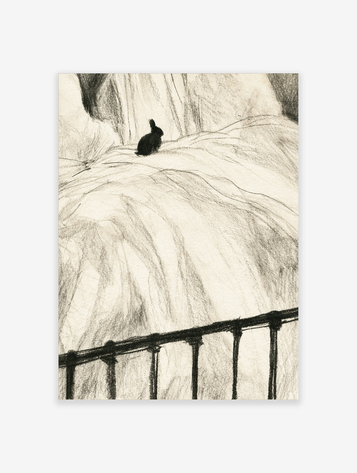 Charcoal sketch of a dark rabbit on a rumpled bed with a wrought iron rail in the foreground