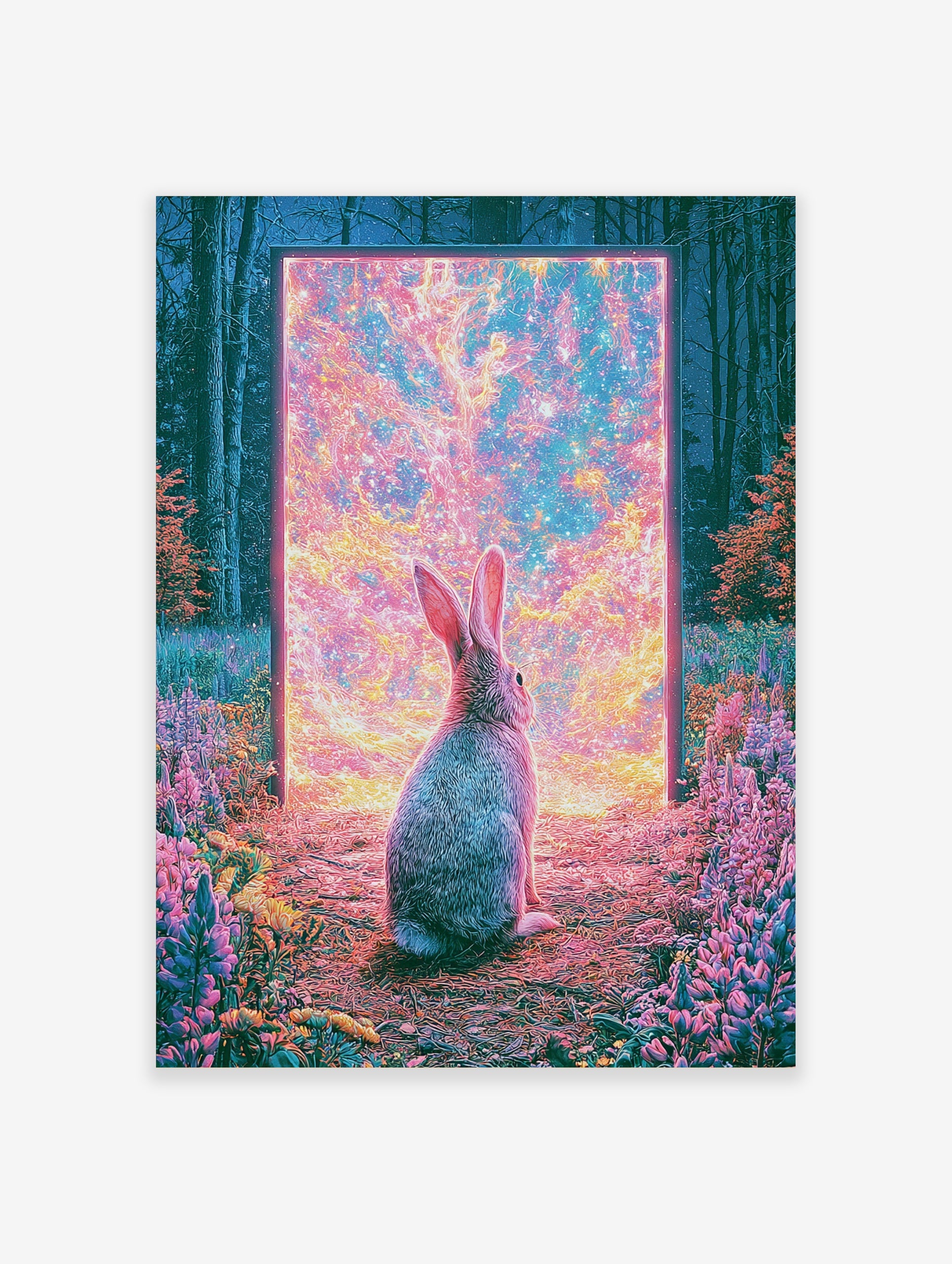 Surreal art print of a rabbit sitting in a forest looking into a glowing cosmic portal with pink and orange light