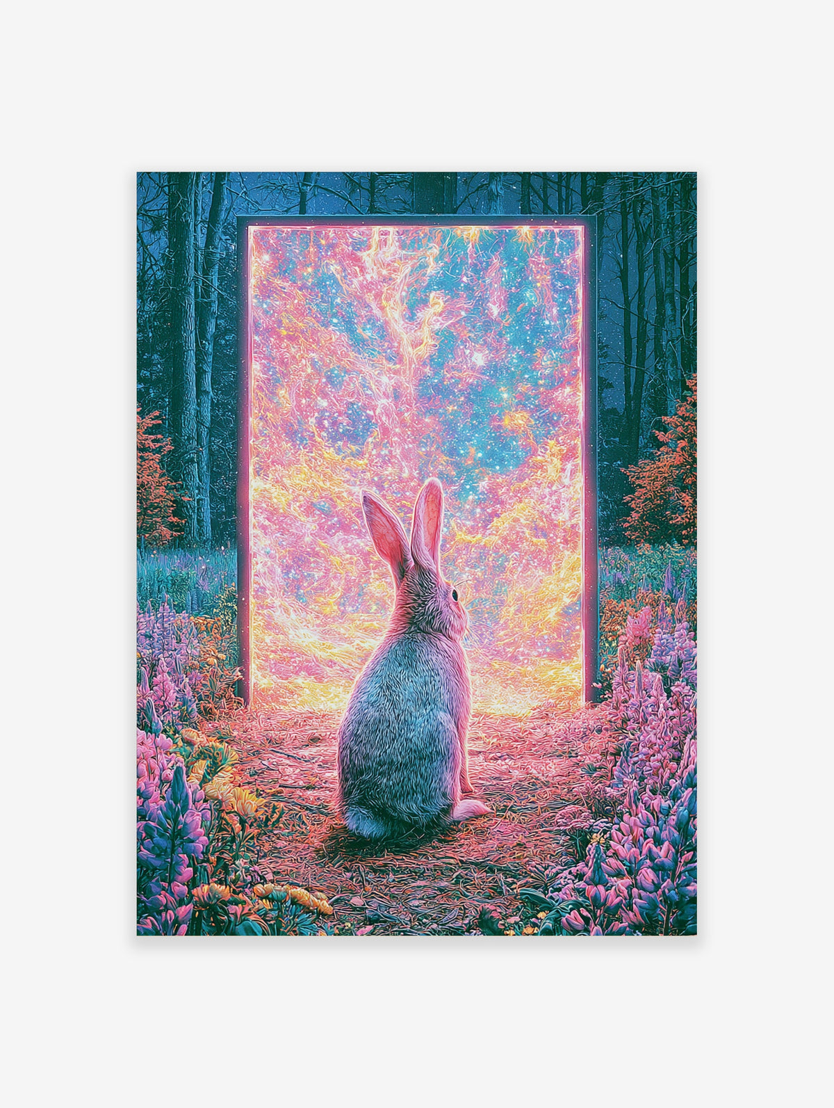Surreal art print of a rabbit sitting in a forest looking into a glowing cosmic portal with pink and orange light