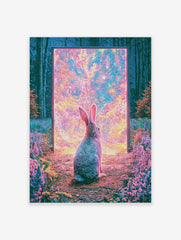 Surreal art print of a rabbit sitting in a forest looking into a glowing cosmic portal with pink and orange light