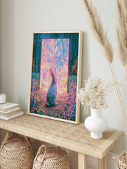 Surreal art print of a rabbit sitting in a forest looking into a glowing cosmic portal with, in an alternate framed mockup