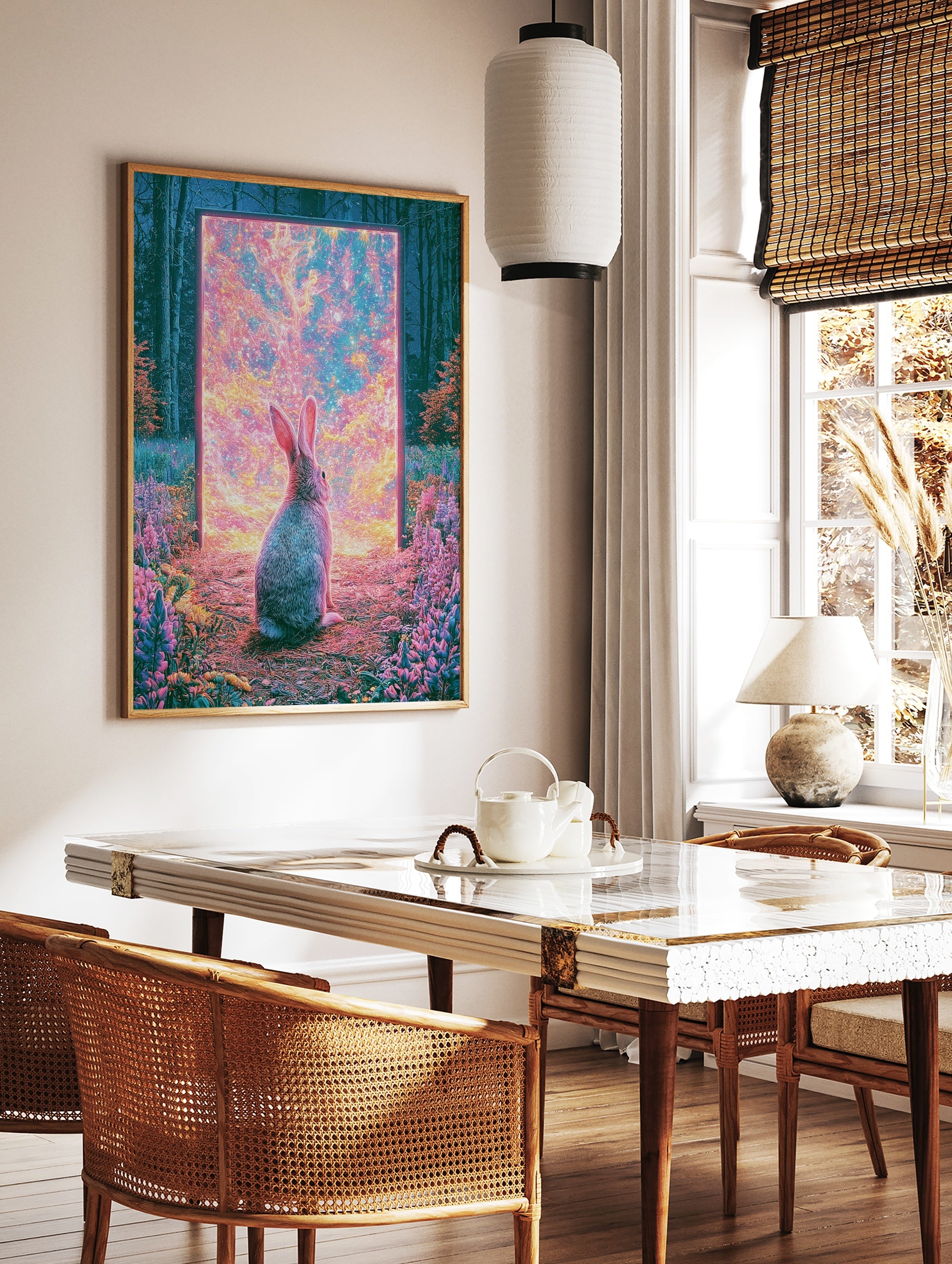 Surreal art print of a rabbit sitting in a forest looking into a glowing cosmic portal with pink, in a styled room mockup