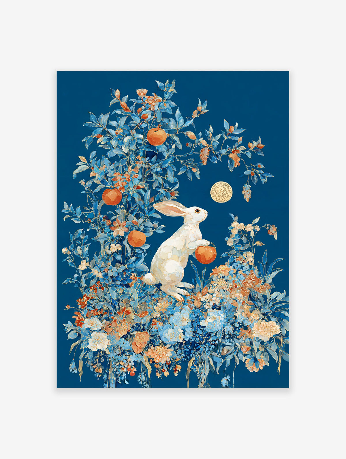 White rabbit poster in a lush blue and orange botanical setting with oranges and a golden moon emblem.