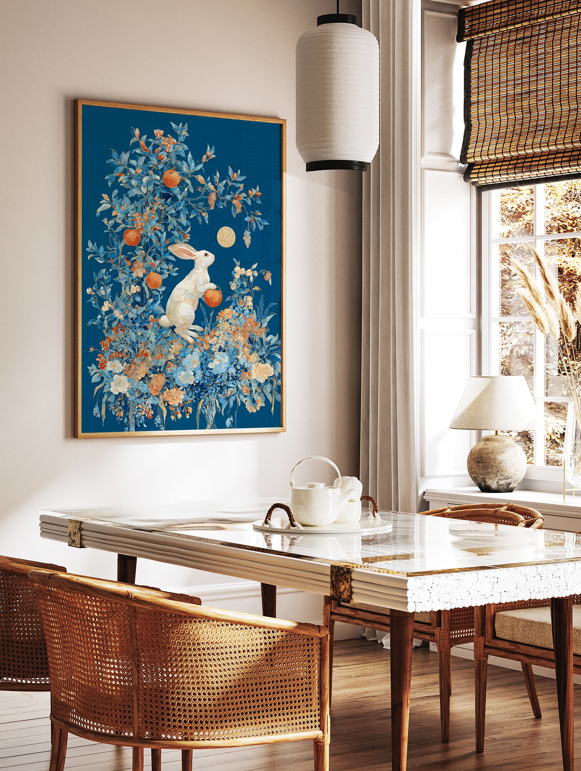 White rabbit poster in a lush blue and orange botanical setting with oranges and a golden moon emblem. - Image 2