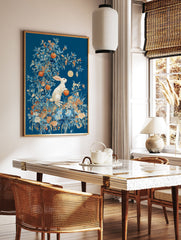 White rabbit poster in a lush blue and orange botanical setting with oranges and a golden moon emblem. - Image 2