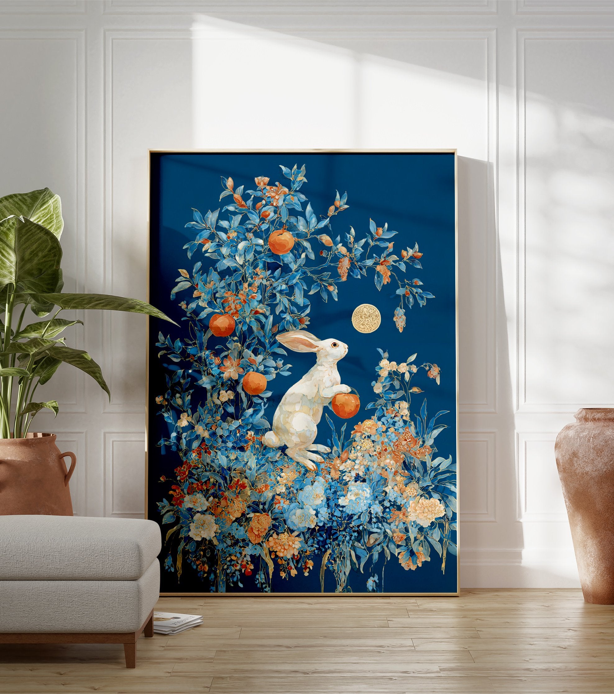 White rabbit poster in a lush blue and orange botanical setting with oranges and a golden moon emblem. - Image 3