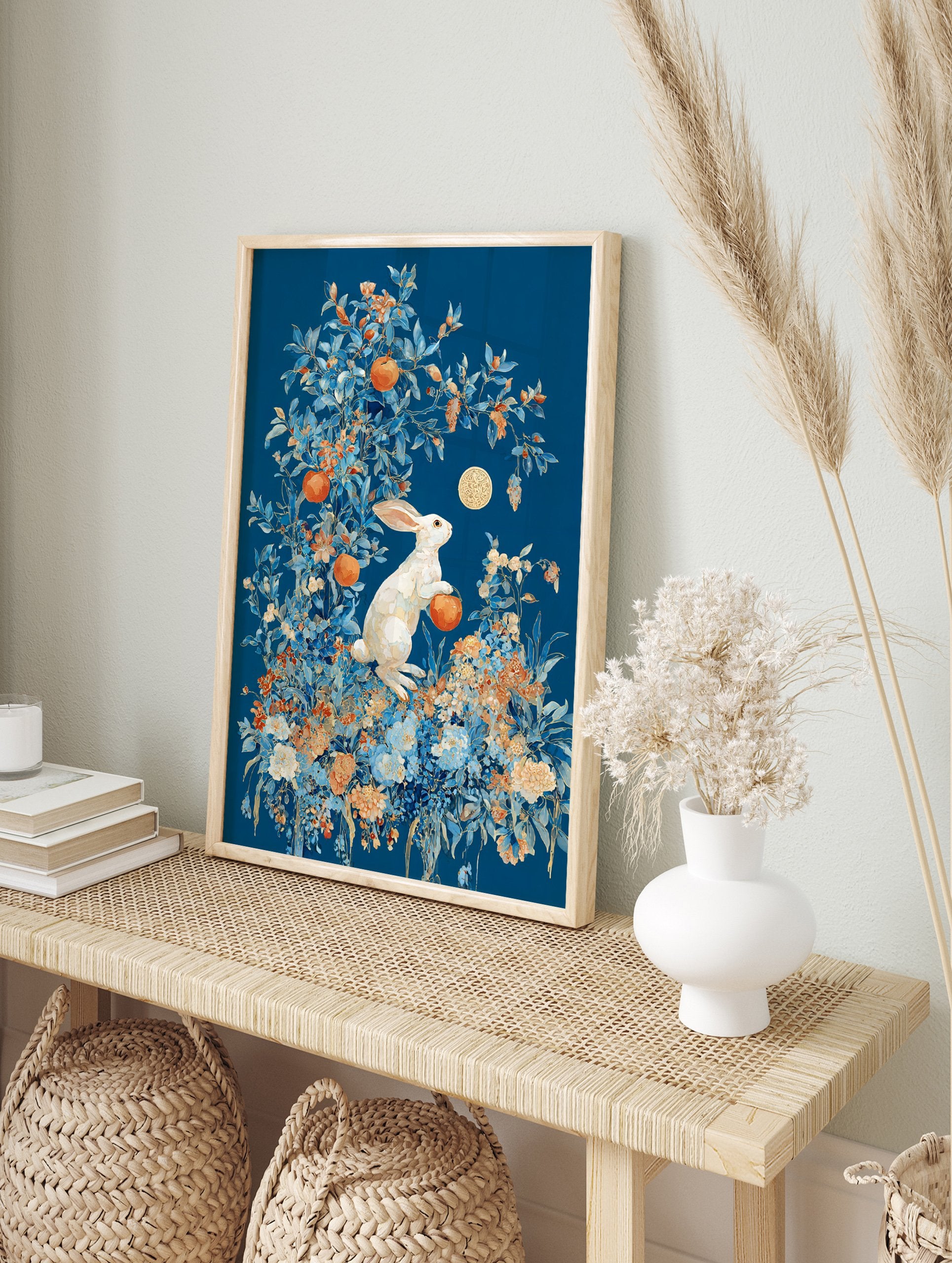 White rabbit poster in a lush blue and orange botanical setting with oranges and a golden moon emblem. - Image 4