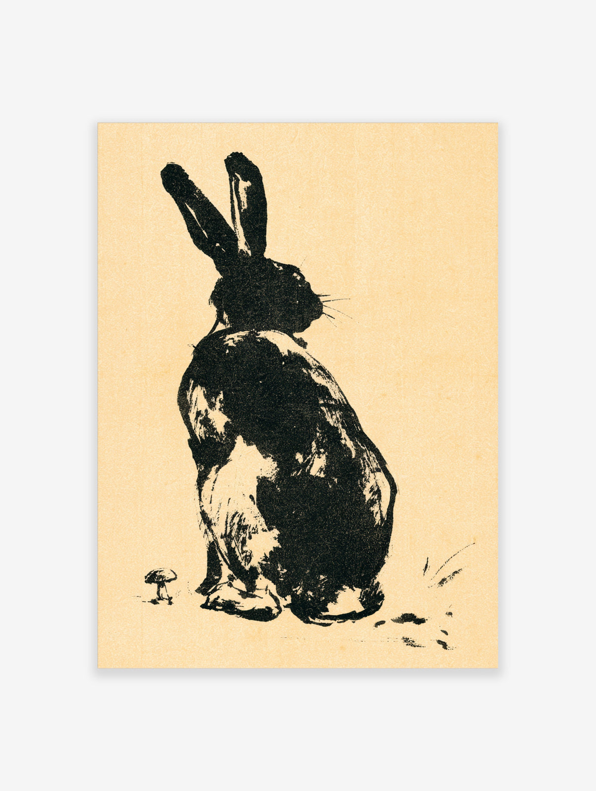 Black and white rabbit ink print with tall ears and a small mushroom on beige background