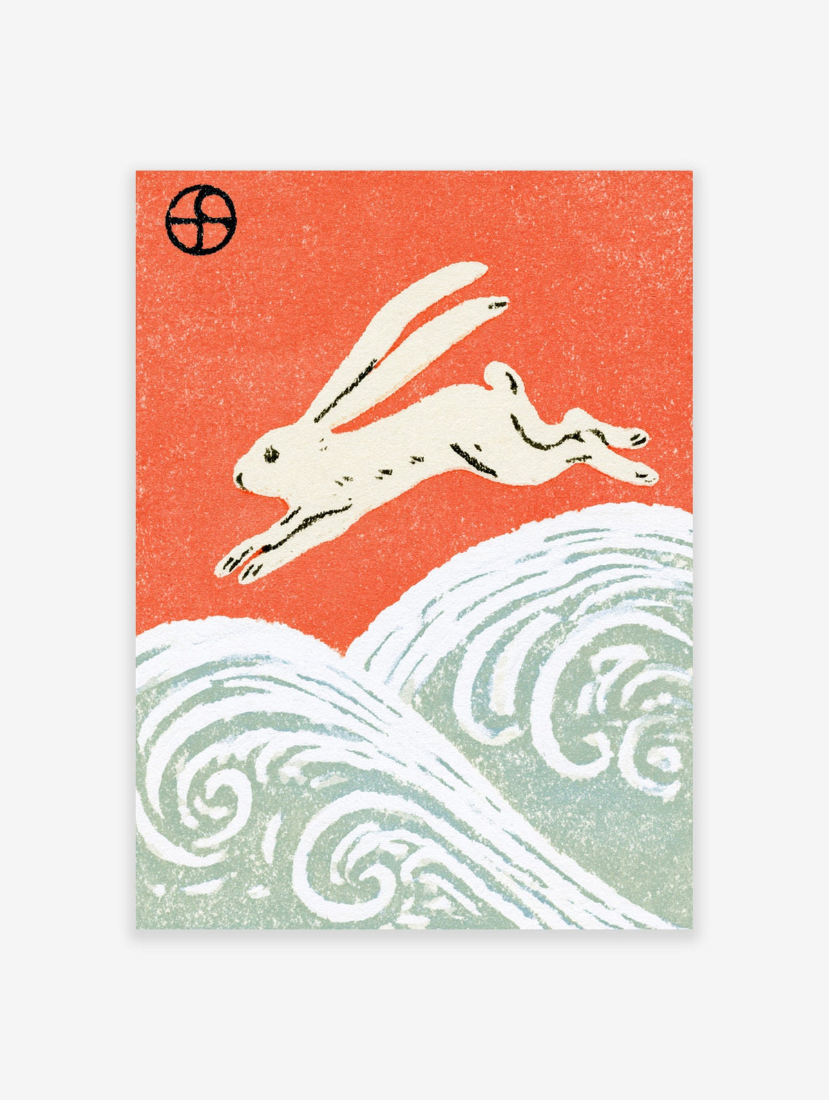 White rabbit leaping over stylized blue waves against a vibrant orange background in a Japanese woodblock style art print