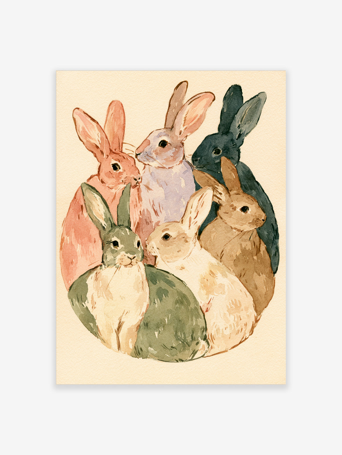 Watercolour rabbit art print with six rabbits in pink, green, blue, brown and cream on a plain background
