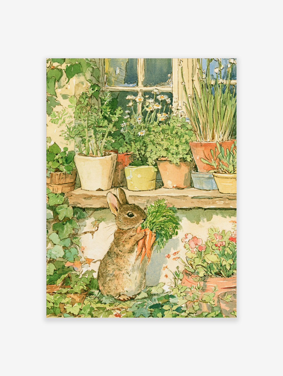 Watercolour rabbit holding carrots in a cottage garden with potted plants and ivy, storybook style