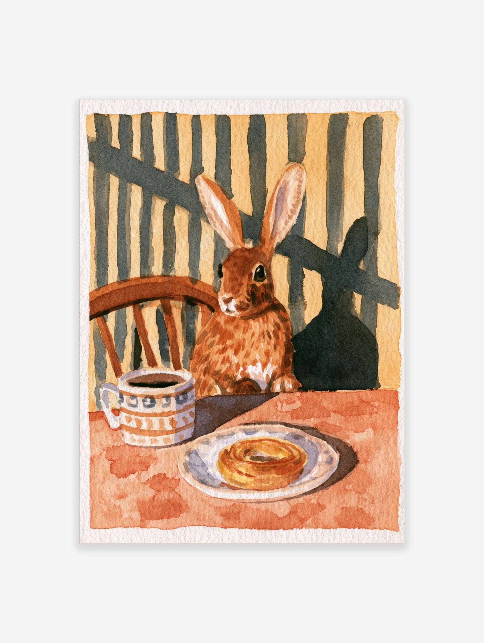 Illustration of a brown rabbit sitting at a table with coffee and a pastry, warm earthy tones, animal wall art print