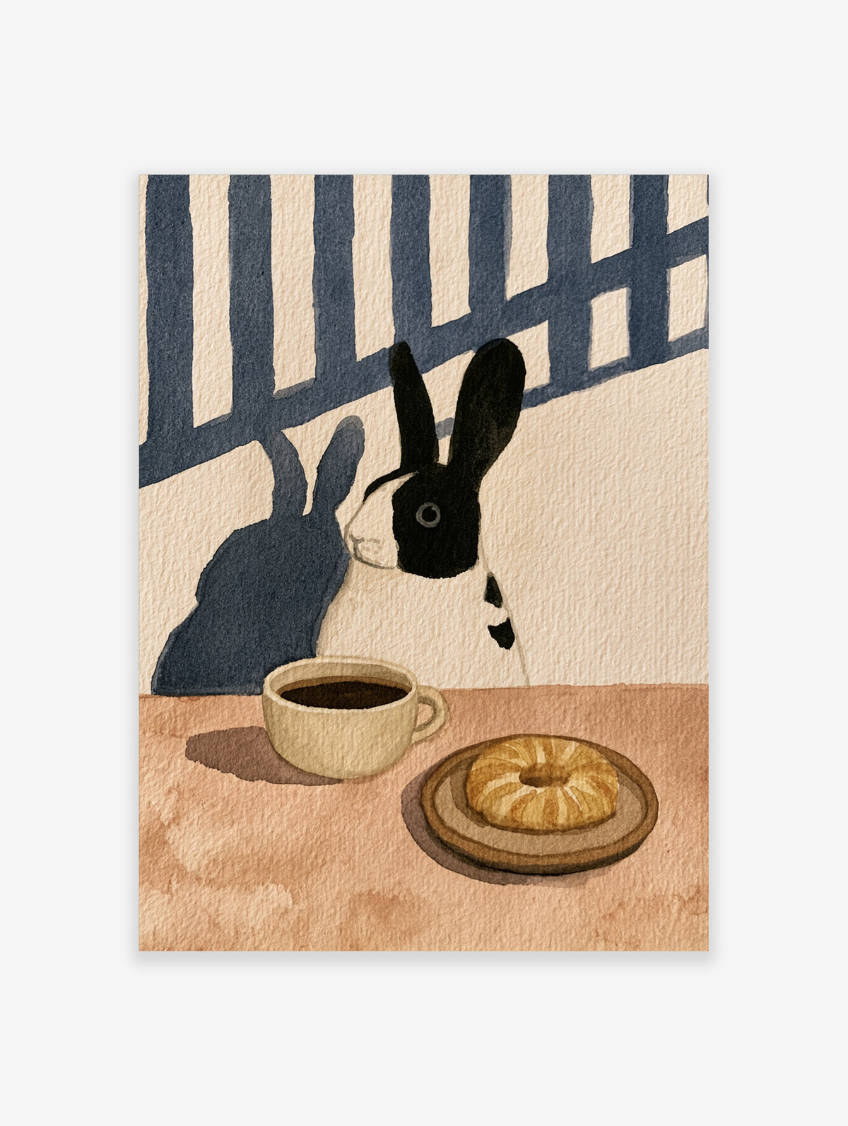 Illustration of a black and white rabbit at a table with a cup of coffee and a pastry, warm earthy tones
