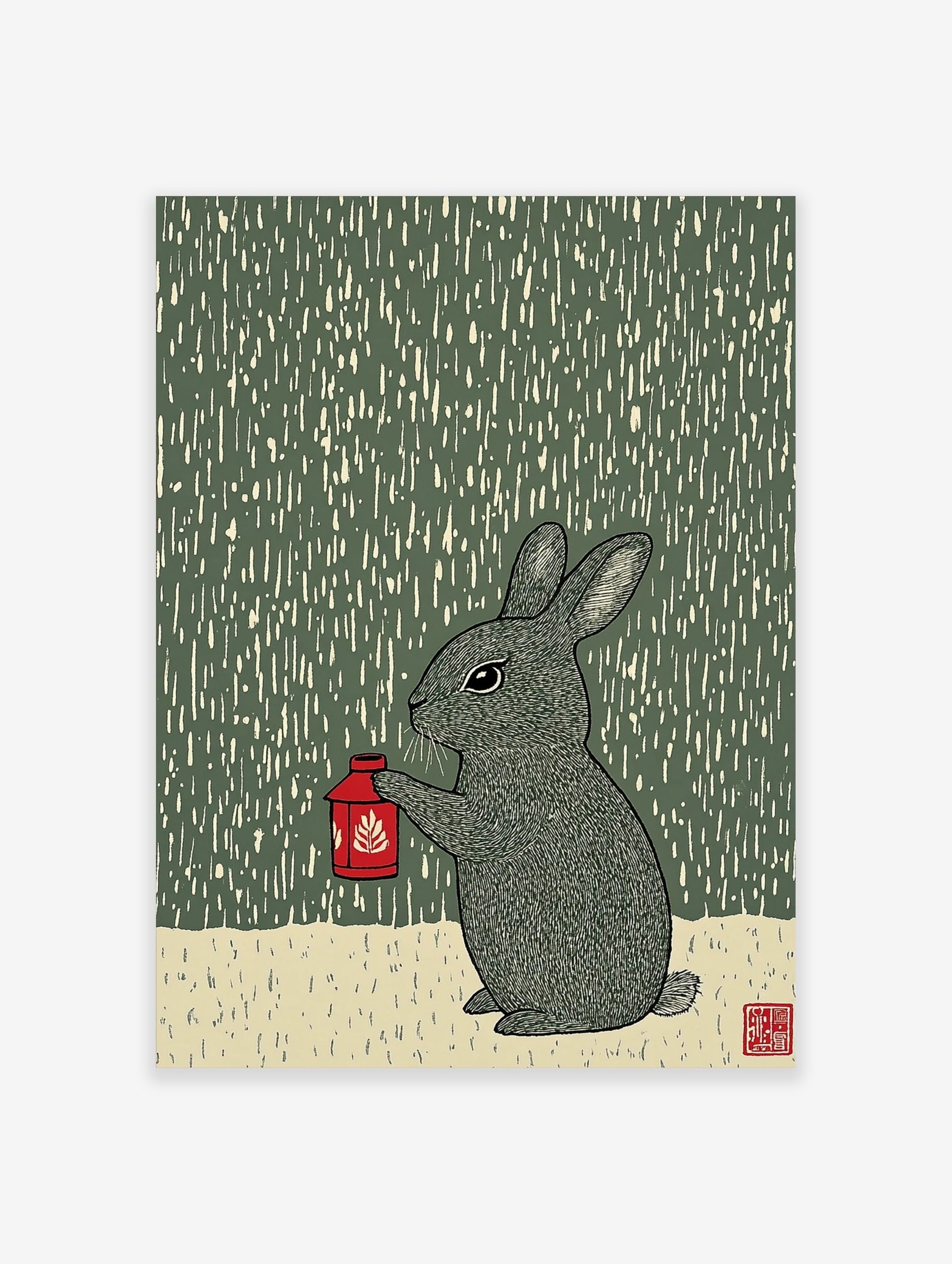 Illustrative woodcut style print of a grey rabbit holding a red lantern in the rain, dark green background
