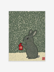 Illustrative woodcut style print of a grey rabbit holding a red lantern in the rain, dark green background