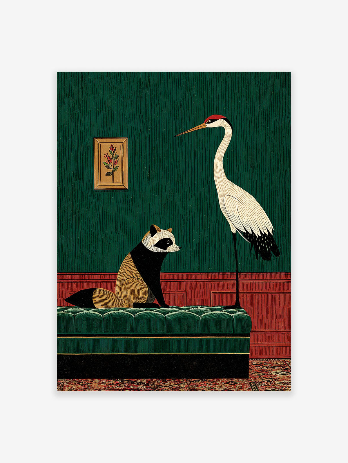 Illustrative art print of a raccoon on a green couch and a crane in a green and red room