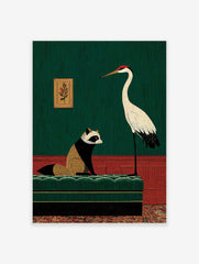 Illustrative art print of a raccoon on a green couch and a crane in a green and red room