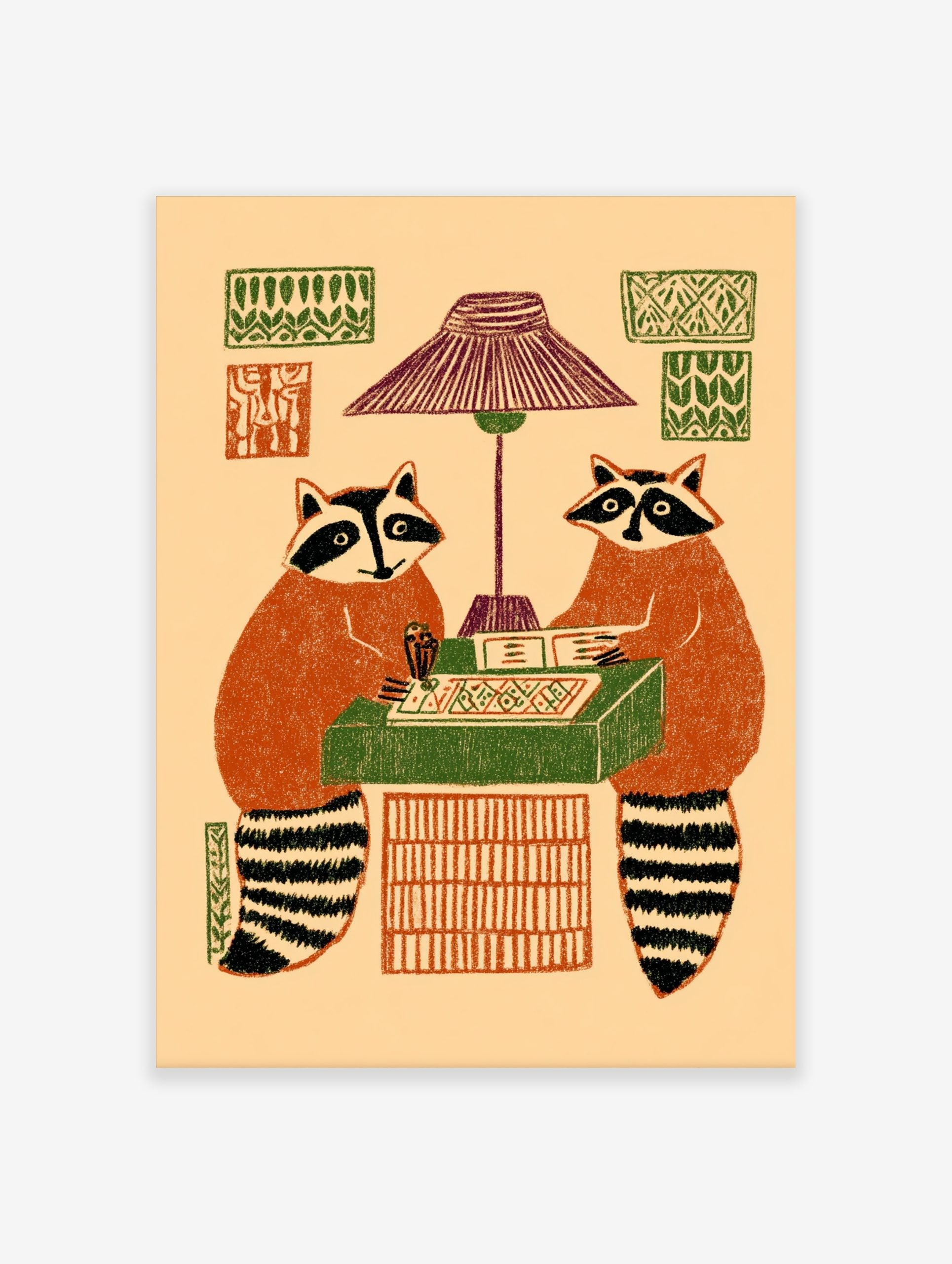 Illustrative print of two raccoons playing a board game under a lamp, with patterned wall decor