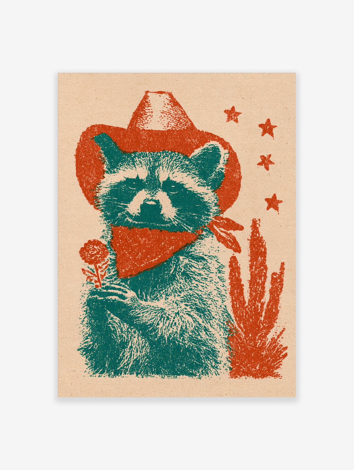 Teal raccoon in red cowboy hat and bandana holding a flower beside a cactus, with red stars on beige