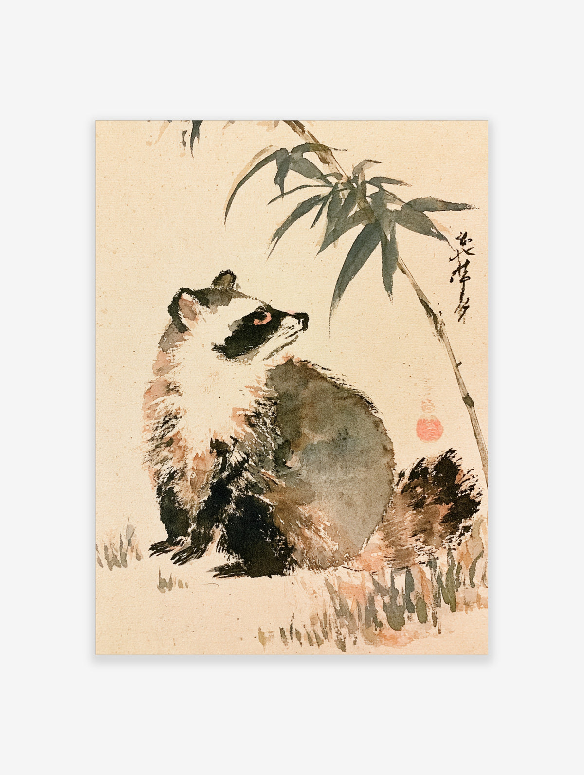 Japanese ink raccoon dog seated under bamboo with black facial markings and red seal