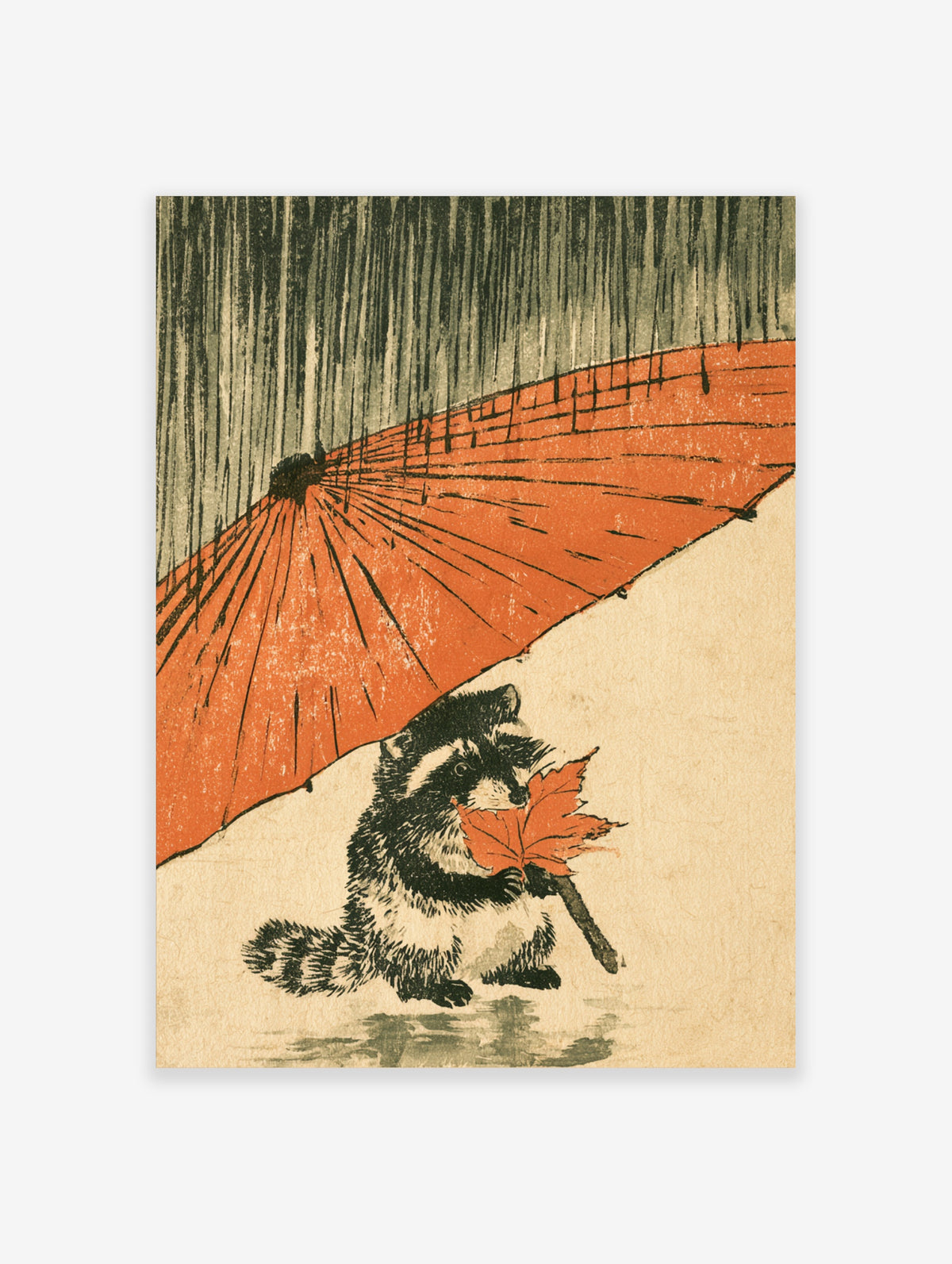 Raccoon holding red maple leaf under orange umbrella in rain, Japanese woodblock style animal poster