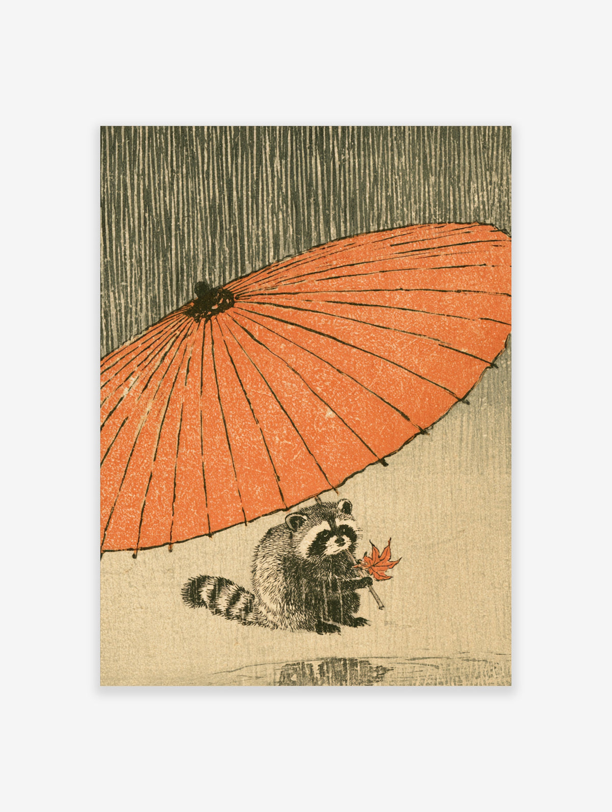 Raccoon under orange umbrella in grey rain holding red maple leaf, Japanese woodblock style animal poster