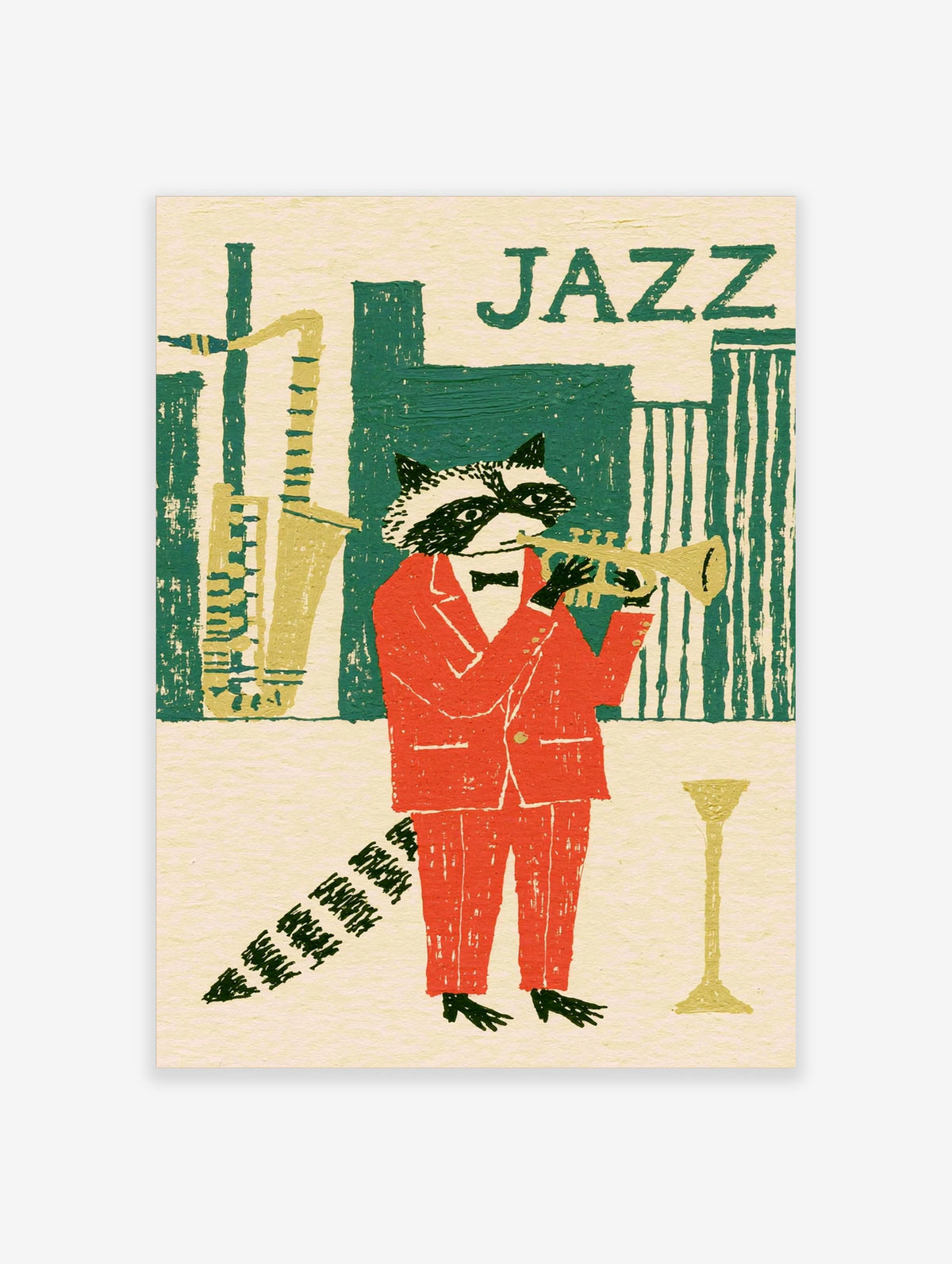 Illustration of a raccoon in a red suit playing a trumpet against a green city skyline with the text JAZZ