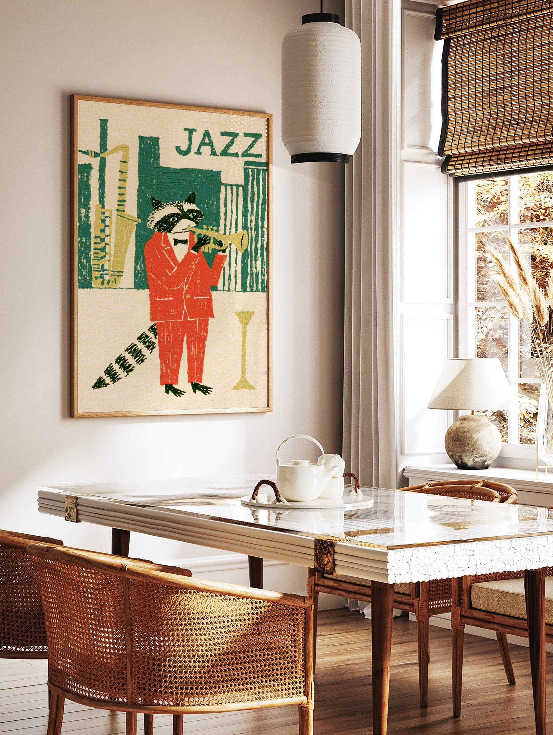 Illustration of a raccoon in a red suit playing a trumpet against a green city skyline with the, in a styled room mockup