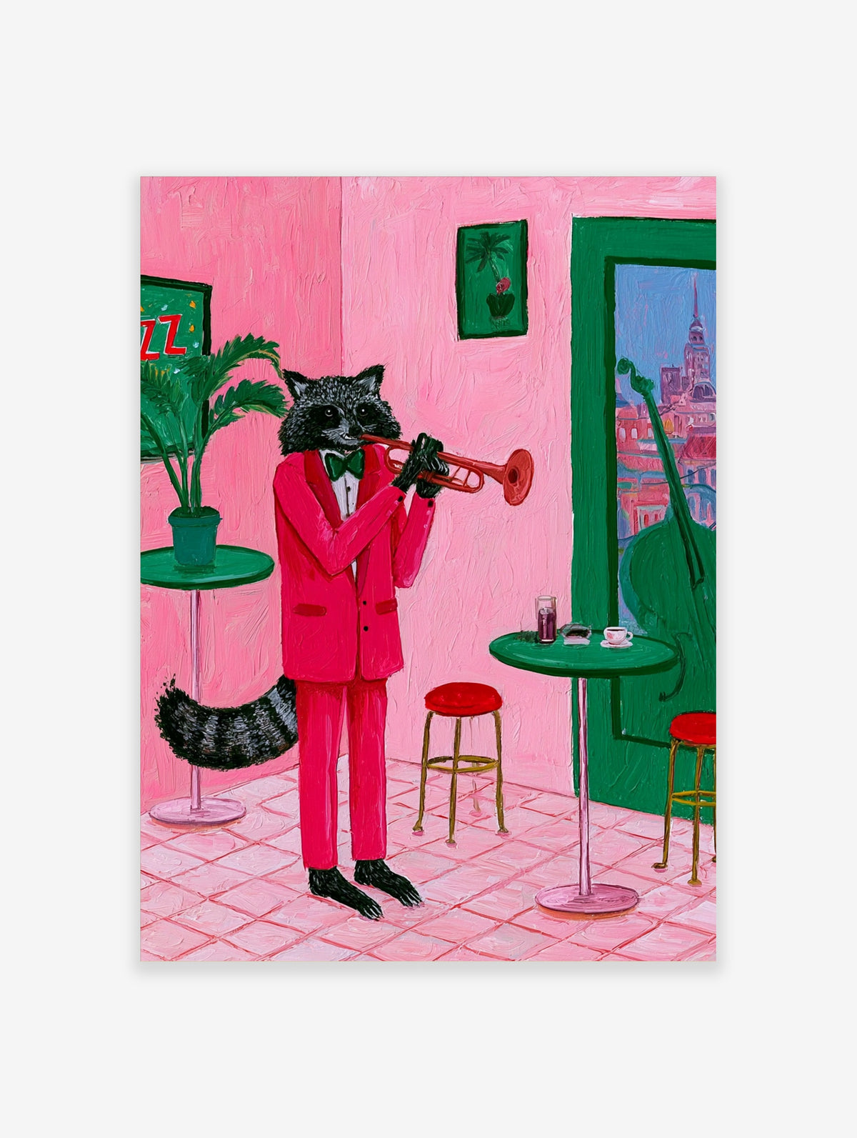 Raccoon in a pink suit playing a trumpet in a pink room with green furniture, illustrative wall art print