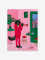 Raccoon in a pink suit playing a trumpet in a pink room with green furniture, illustrative wall art print