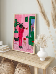 Raccoon in a pink suit playing a trumpet in a pink room with green furniture, illustrative, in an alternate framed mockup