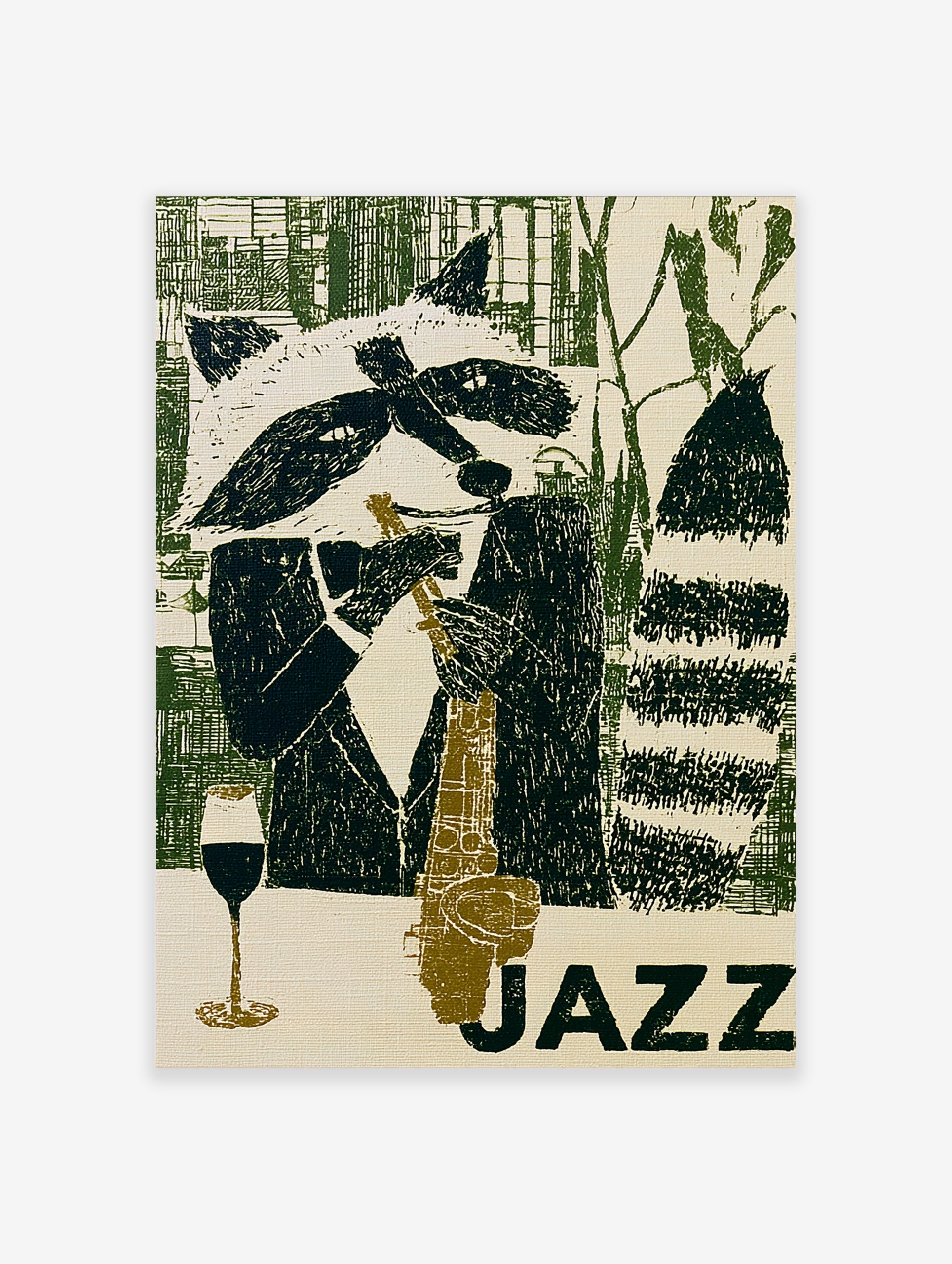 Illustration of a raccoon playing a saxophone with a wine glass, titled JAZZ in green and earth tones