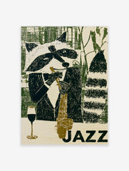 Illustration of a raccoon playing a saxophone with a wine glass, titled JAZZ in green and earth tones
