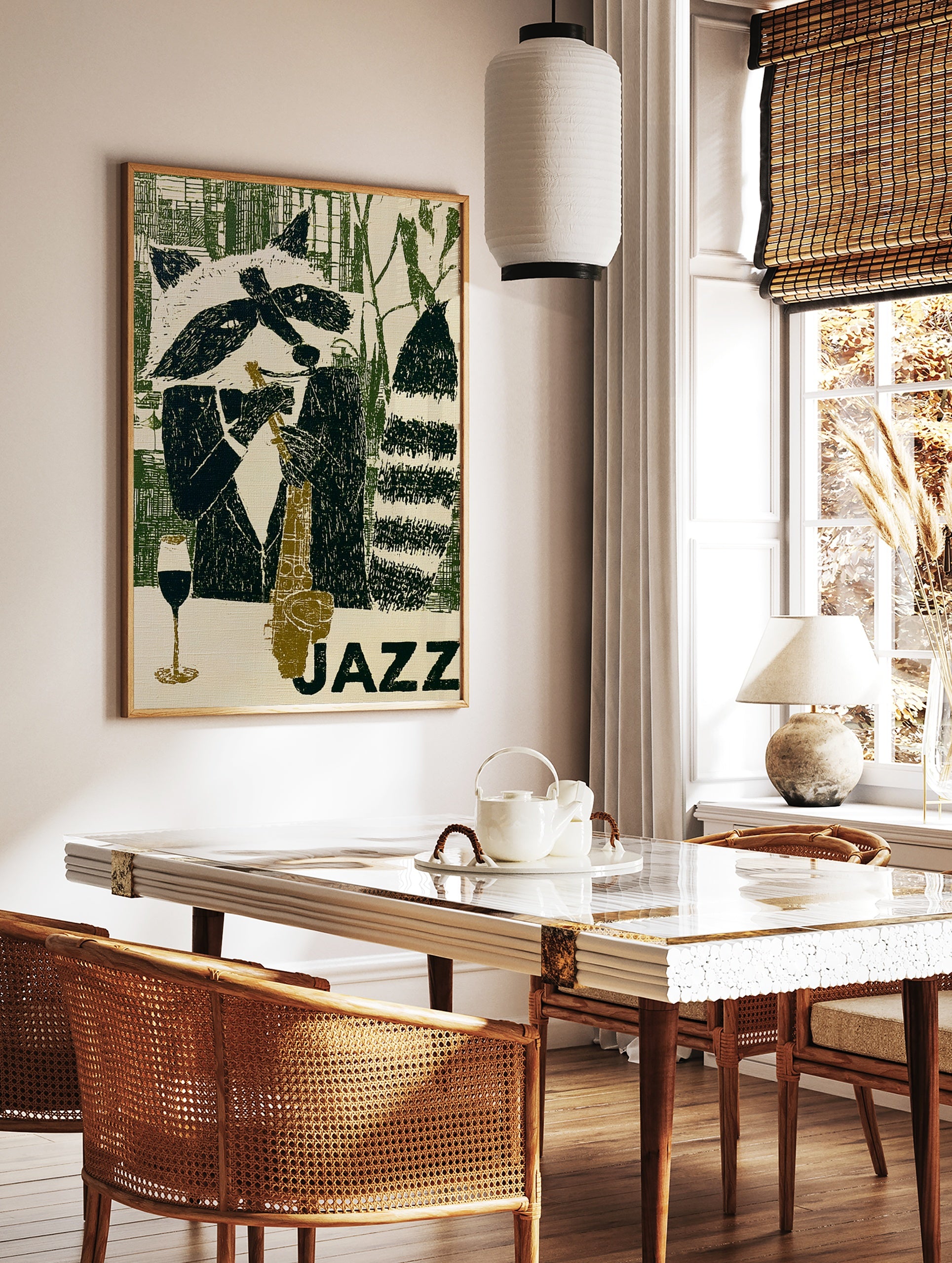 Illustration of a raccoon playing a saxophone with a wine glass, titled JAZZ in green and earth, in a styled room mockup