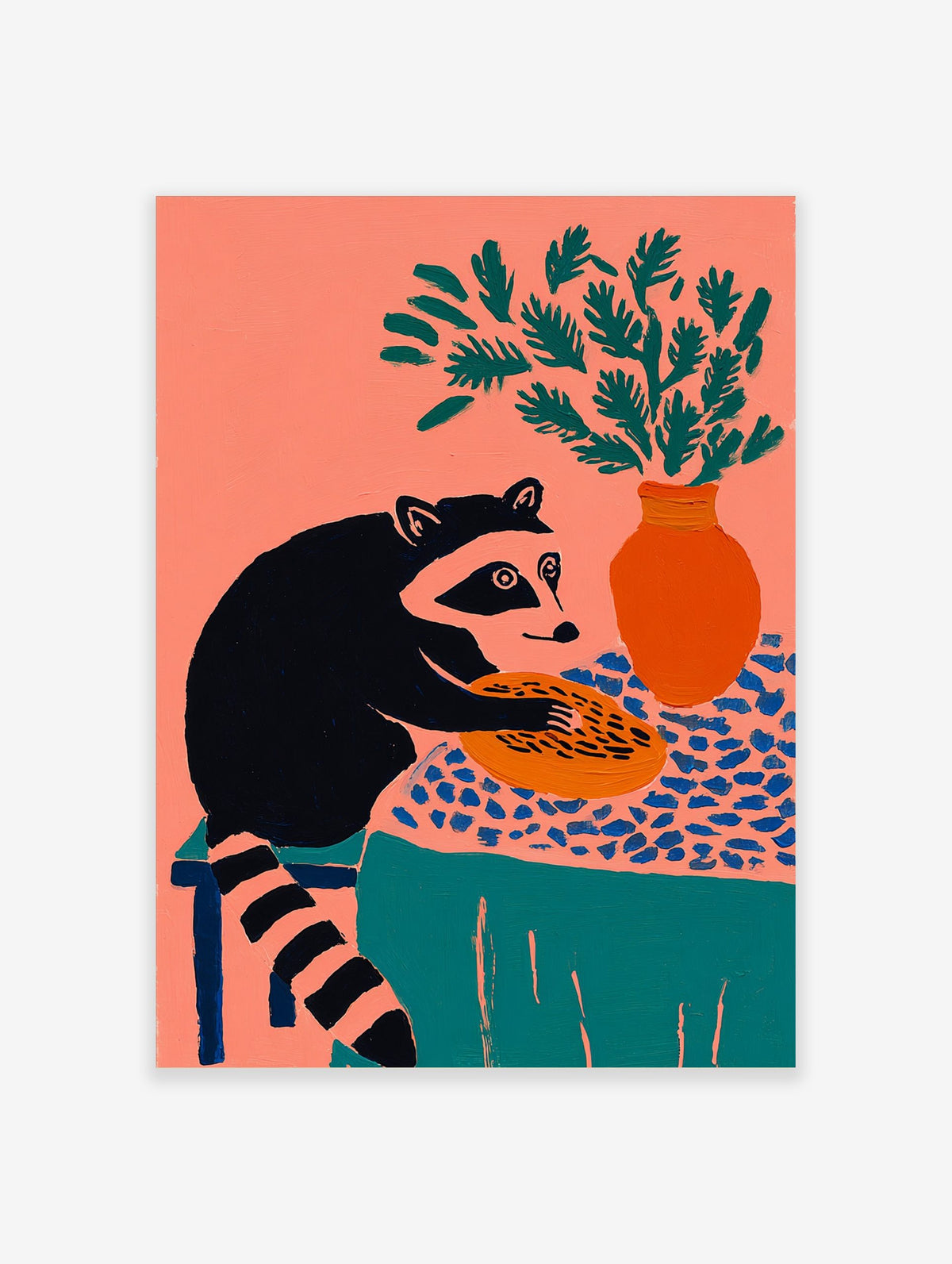 Illustrative raccoon holding a pie on a patterned tablecloth with a vase of green foliage, coral background