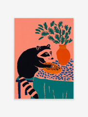 Illustrative raccoon holding a pie on a patterned tablecloth with a vase of green foliage, coral background