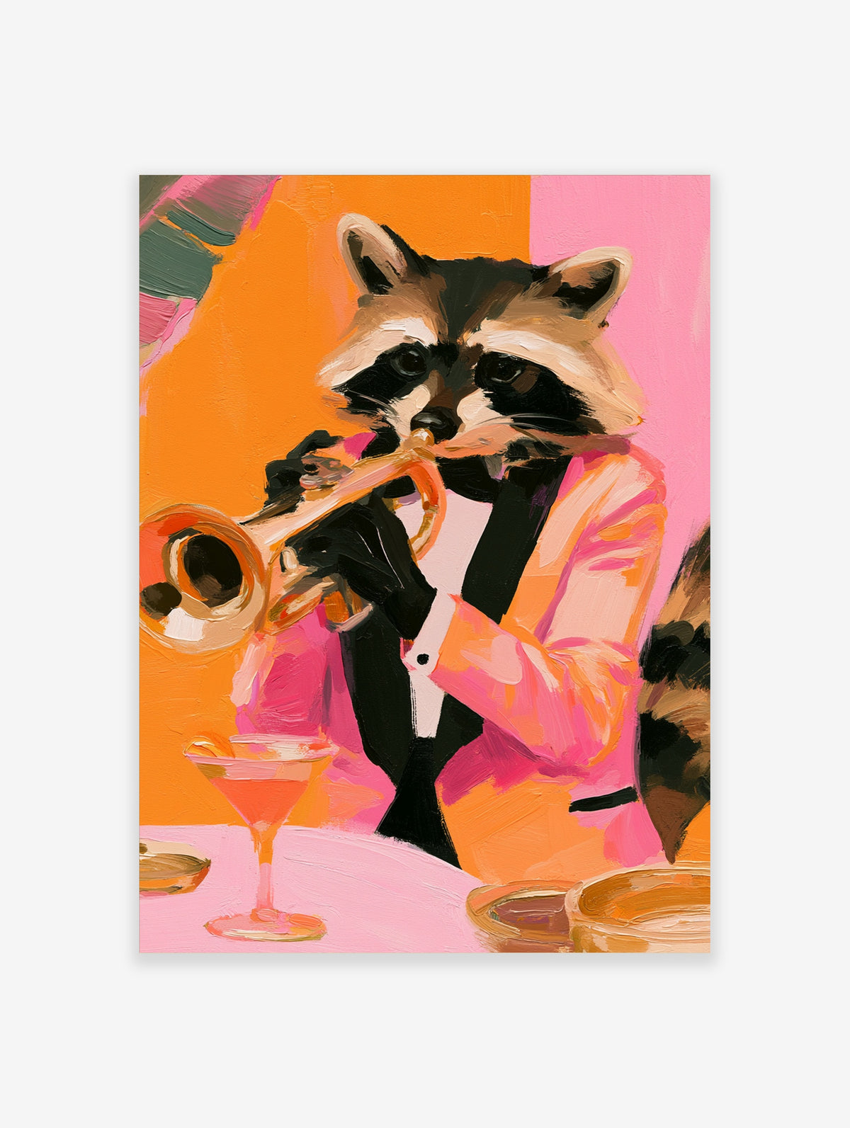 Raccoon in a tuxedo playing a trumpet with a cocktail on a table, orange and pink painterly illustration