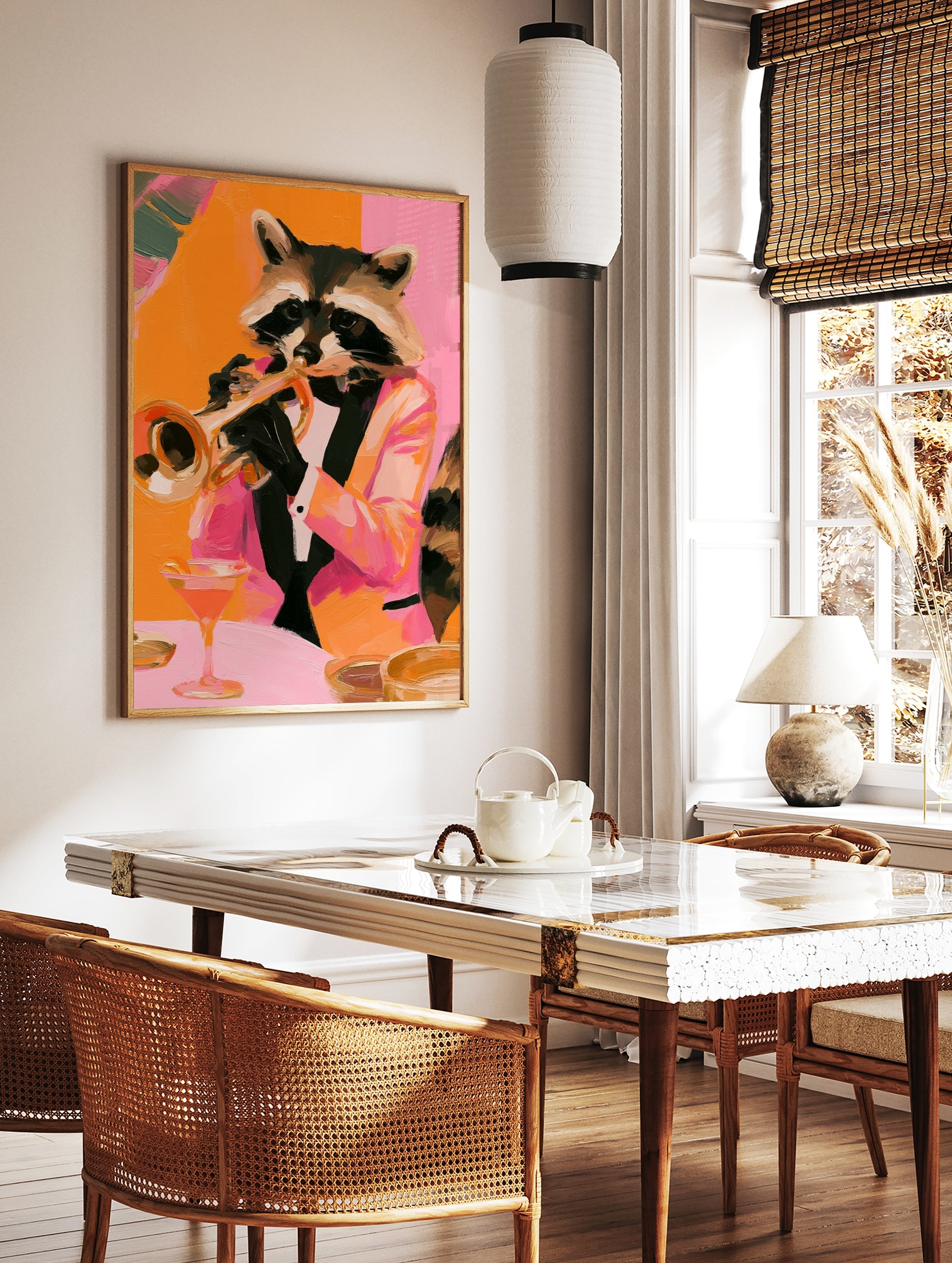 Raccoon in a tuxedo playing a trumpet with a cocktail on a table, orange and pink painterly, in a styled room mockup