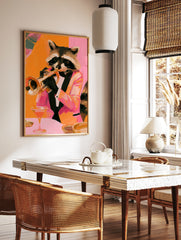 Raccoon in a tuxedo playing a trumpet with a cocktail on a table, orange and pink painterly, in a styled room mockup