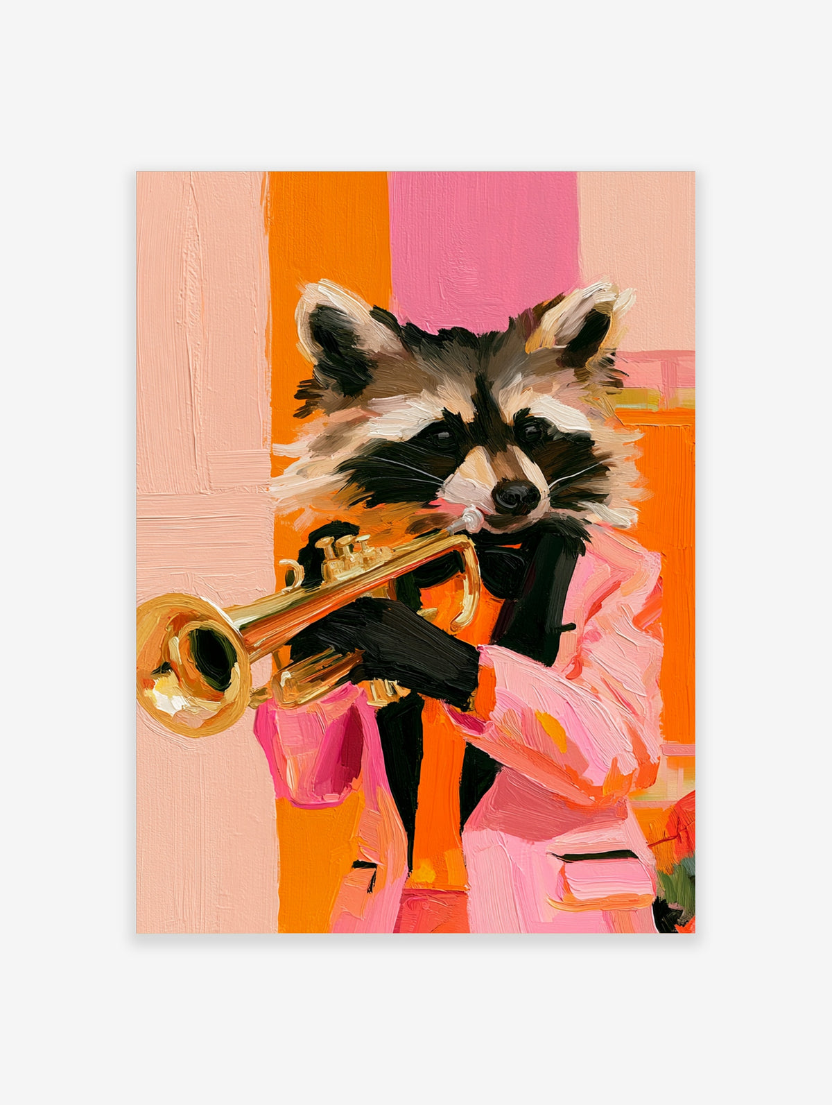 A stylized painting of a raccoon wearing a pink blazer and bow tie while playing a gold trumpet