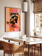A stylized painting of a raccoon wearing a pink blazer and bow tie while playing a gold trumpet, in a styled room mockup
