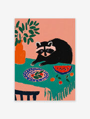 Illustrative art print of a raccoon looking at a plate of food and watermelon on a teal tablecloth