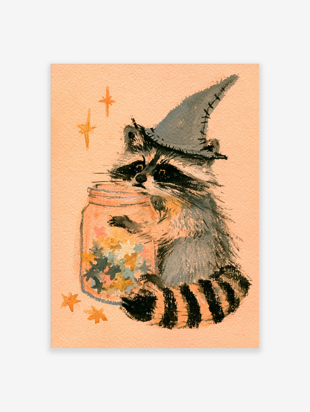Raccoon in a witch hat holding a jar of colourful stars, peach background, illustration