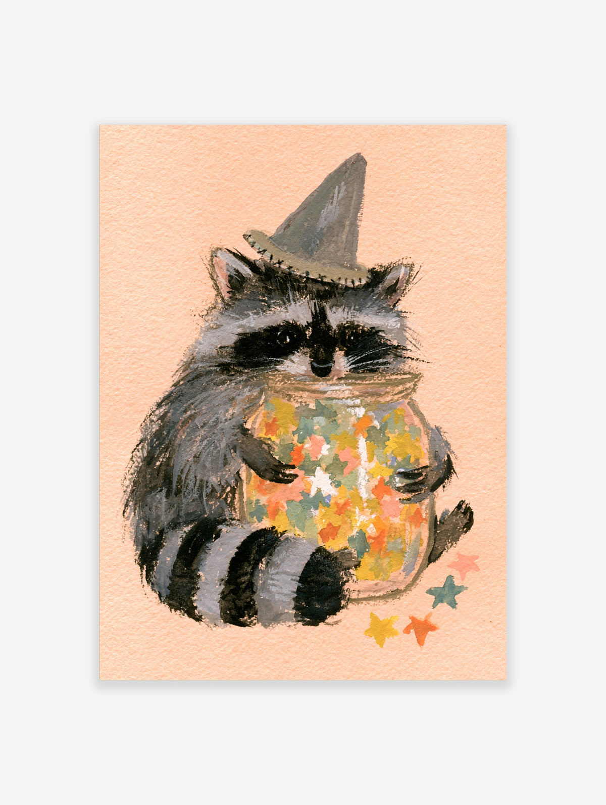 Raccoon in a witch hat holding a jar of colourful stars, painted on a peach background