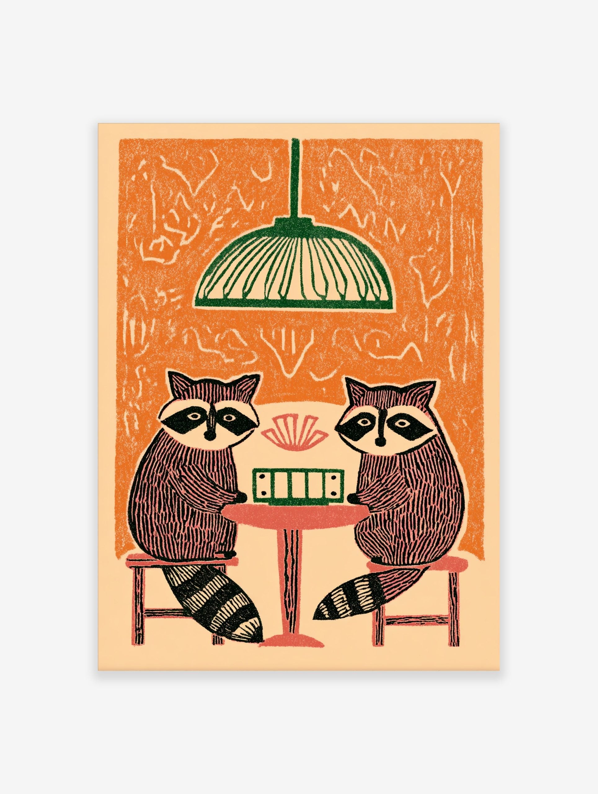 Illustrative print of two raccoons playing cards at a table under a green lamp, with an orange background