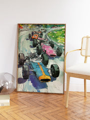 Dynamic racing car art print showing multiple vintage Formula 1 cars in blue, pink, and orange on a green track. - Image 2