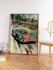 Dynamic vintage racing car poster illustration featuring a blue, orange, and pink car on a track with palm trees. - Image 2