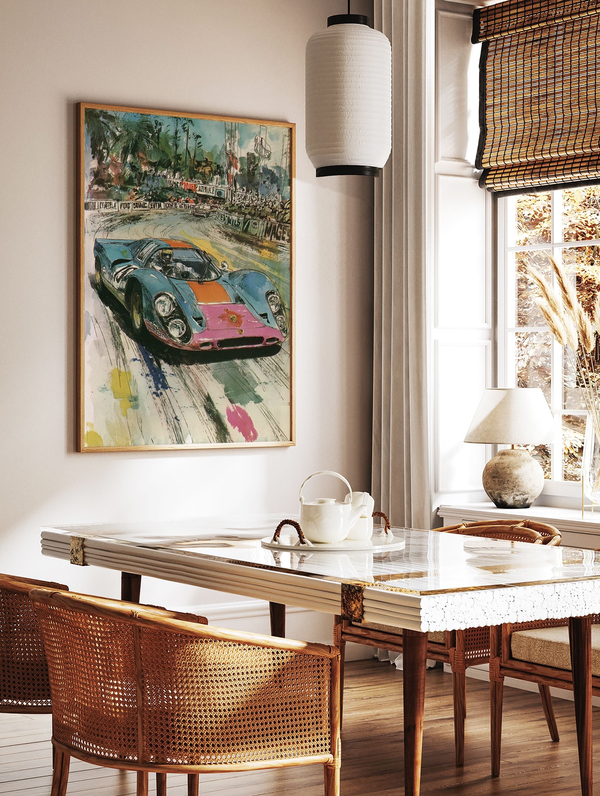 Dynamic vintage racing car poster illustration featuring a blue, orange, and pink car on a track with palm trees. - Image 3