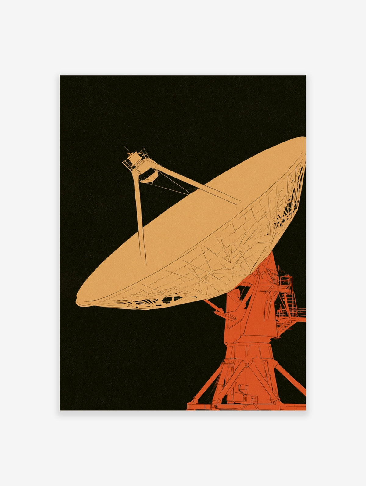 Radio telescope poster with large dish antenna and support structure on black background
